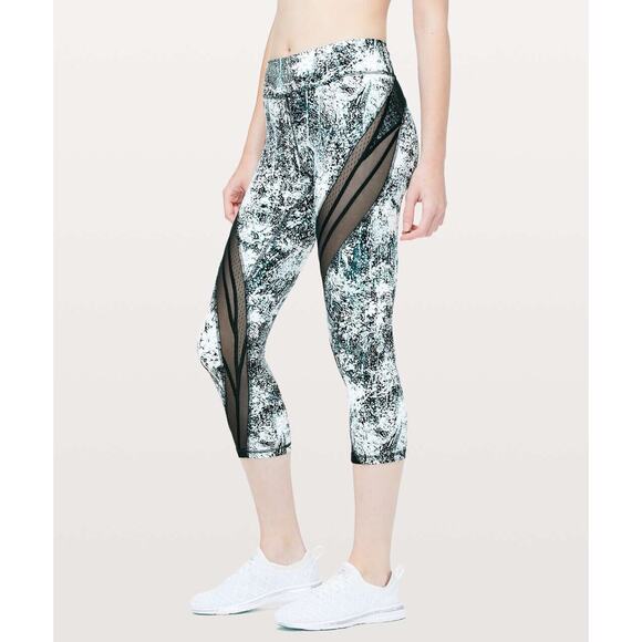 Lululemon Never Still Crop 21" Leggings Wildwood White Nocturnal Teal Mesh Sz 6 - Picture 3 of 12